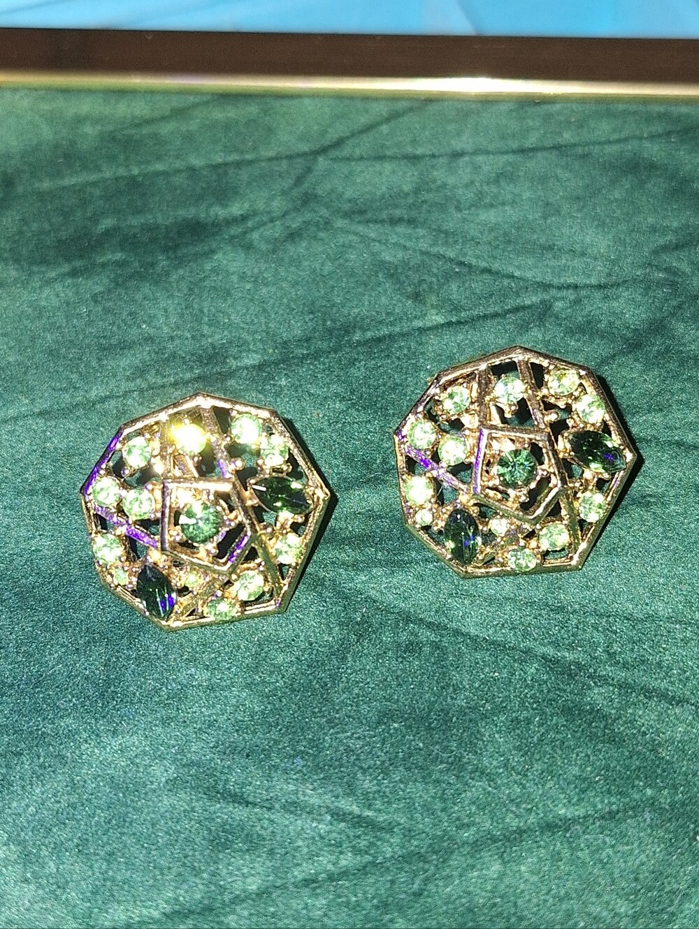 Gold-Tone Green Crystal Octagon Stud Earrings